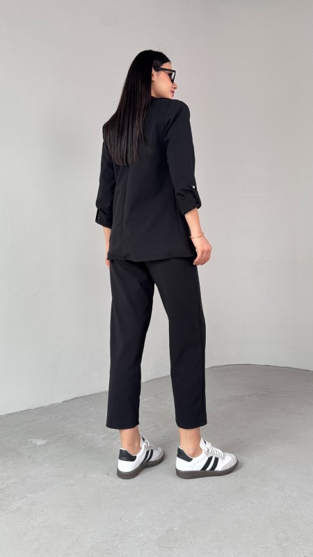 TKM-03675 Siyah Vatkalı Blazer Ceket Kemerli Havuç Pantolon Atlas Kumaş İkili Takım - 11