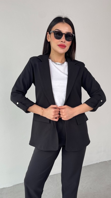 TKM-03675 Siyah Vatkalı Blazer Ceket Kemerli Havuç Pantolon Atlas Kumaş İkili Takım - 7