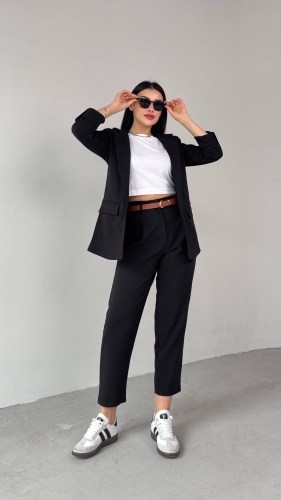 TKM-03675 Siyah Vatkalı Blazer Ceket Kemerli Havuç Pantolon Atlas Kumaş İkili Takım - 8