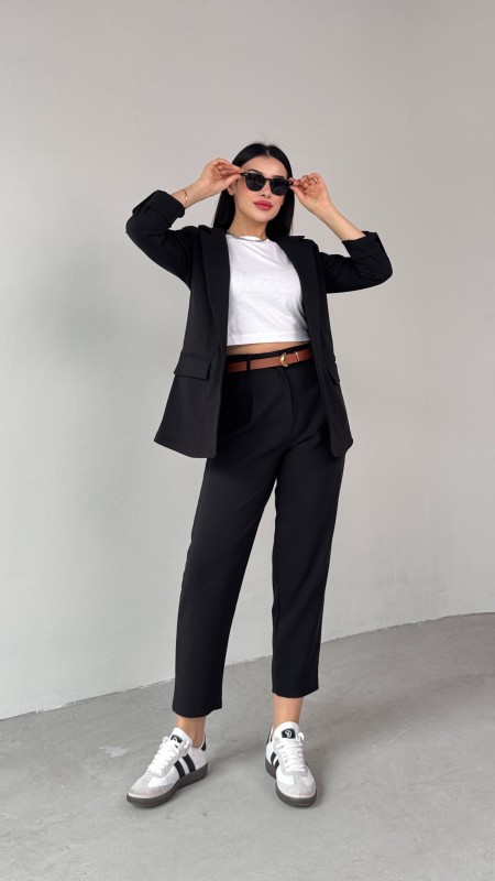 TKM-03675 Siyah Vatkalı Blazer Ceket Kemerli Havuç Pantolon Atlas Kumaş İkili Takım - 8