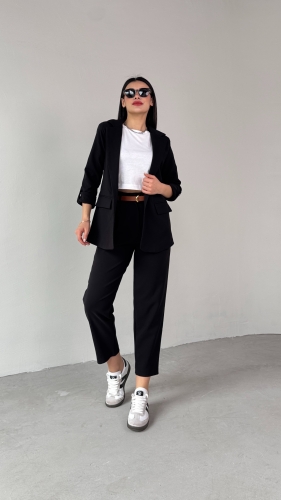 TKM-03675 Siyah Vatkalı Blazer Ceket Kemerli Havuç Pantolon Atlas Kumaş İkili Takım - 9