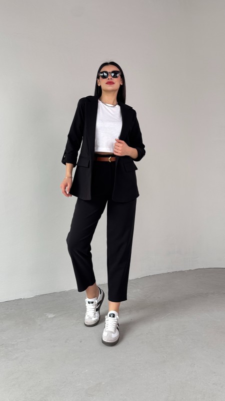 TKM-03675 Siyah Vatkalı Blazer Ceket Kemerli Havuç Pantolon Atlas Kumaş İkili Takım - 9