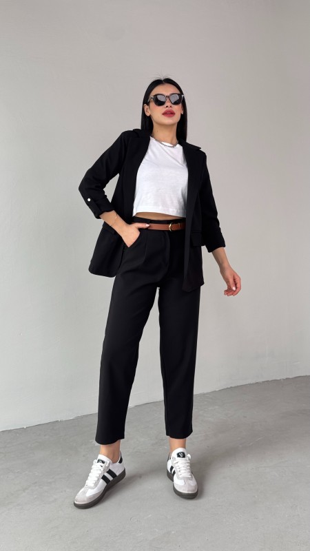 TKM-03675 Siyah Vatkalı Blazer Ceket Kemerli Havuç Pantolon Atlas Kumaş İkili Takım - 10