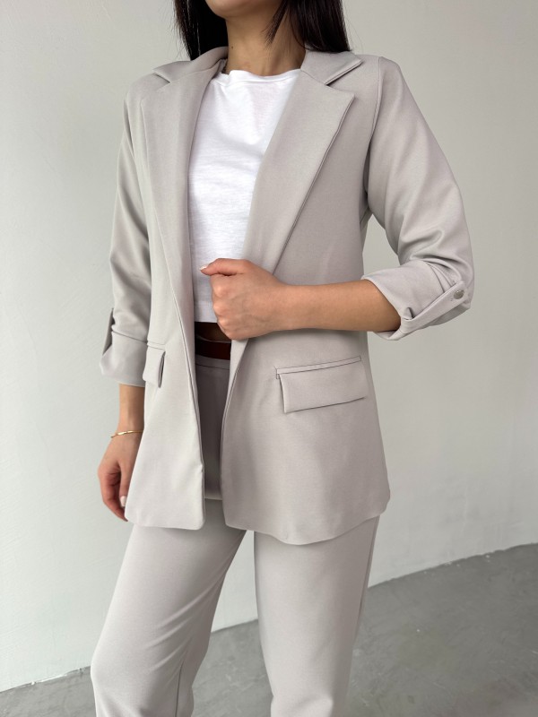 TKM-03675 Taş Rengi Vatkalı Blazer Ceket Kemerli Havuç Pantolon Atlas Kumaş İkili Takım - 5