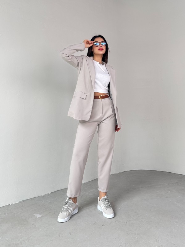 TKM-03675 Taş Rengi Vatkalı Blazer Ceket Kemerli Havuç Pantolon Atlas Kumaş İkili Takım - 7
