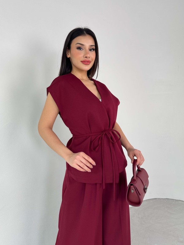 TKM-03676 Bordo Vatkalı Yelek Palazzo Pantolon Atlas Kumaş İkili Takım - 2