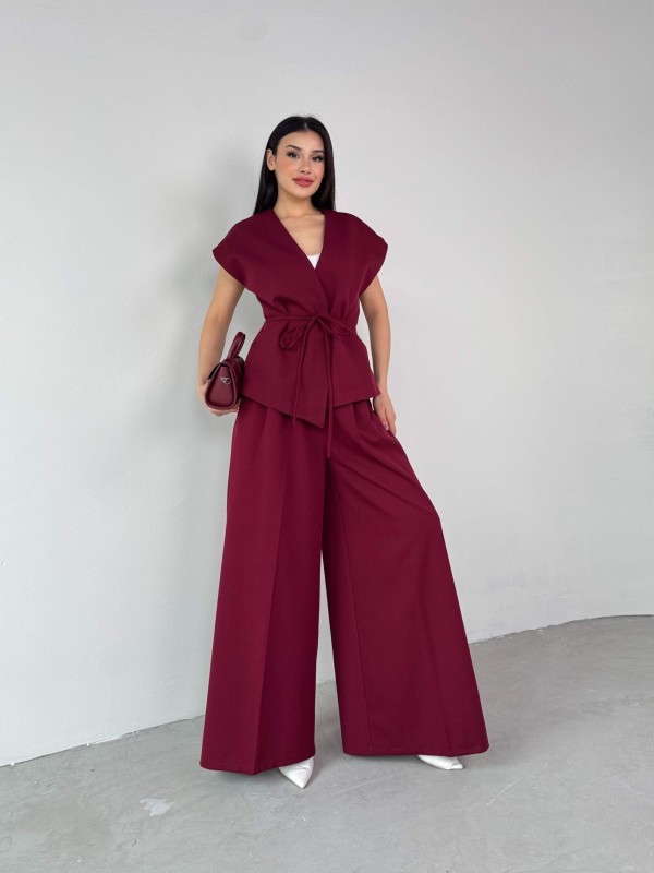 TKM-03676 Bordo Vatkalı Yelek Palazzo Pantolon Atlas Kumaş İkili Takım - 3