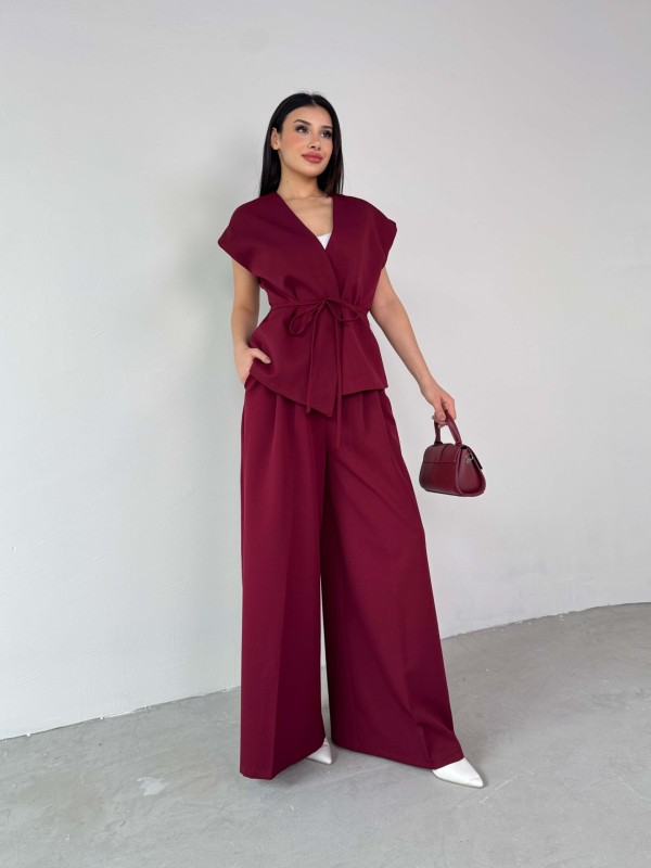 TKM-03676 Bordo Vatkalı Yelek Palazzo Pantolon Atlas Kumaş İkili Takım - 4
