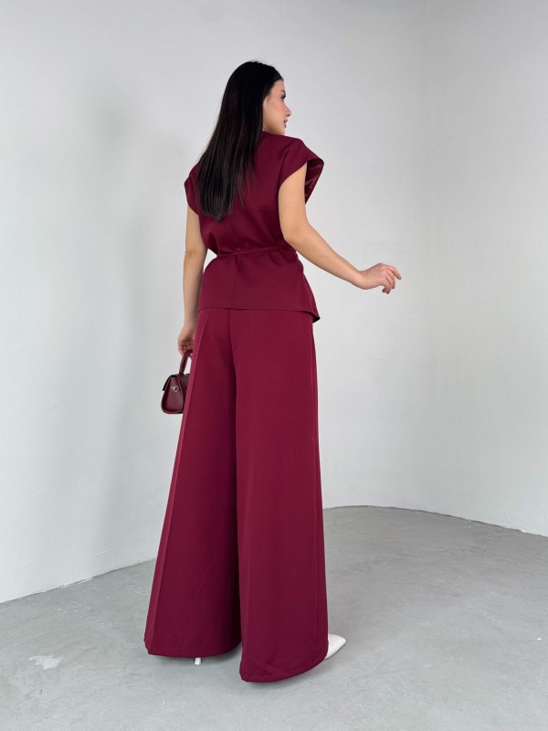 TKM-03676 Bordo Vatkalı Yelek Palazzo Pantolon Atlas Kumaş İkili Takım - 5