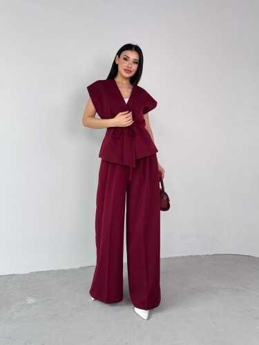 TKM-03676 Bordo Vatkalı Yelek Palazzo Pantolon Atlas Kumaş İkili Takım 