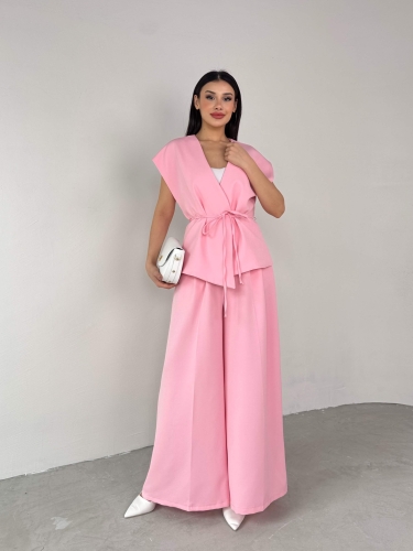 TKM-03676 Pembe Vatkalı Yelek Palazzo Pantolon Atlas Kumaş İkili Takım *ÖN SİPARİŞ* 