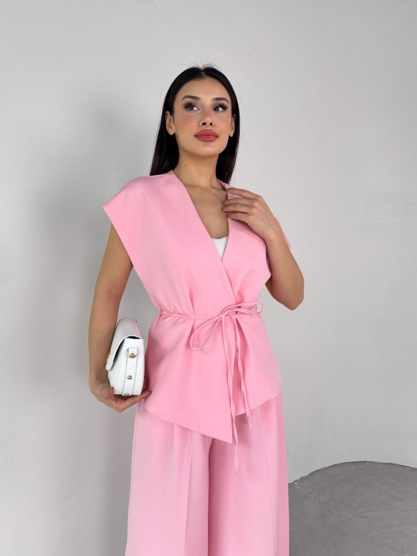 TKM-03676 Pembe Vatkalı Yelek Palazzo Pantolon Atlas Kumaş İkili Takım *ÖN SİPARİŞ* - 2