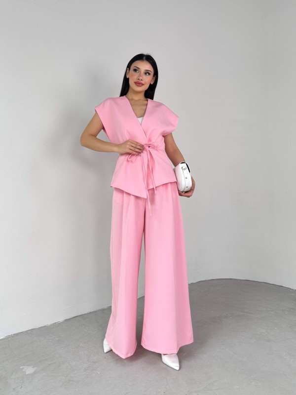 TKM-03676 Pembe Vatkalı Yelek Palazzo Pantolon Atlas Kumaş İkili Takım *ÖN SİPARİŞ* - 4