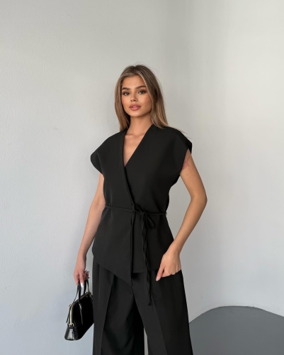 TKM-03676 Siyah Vatkalı Yelek Palazzo Pantolon Poliviskon Kumaş İkili Takım - 2