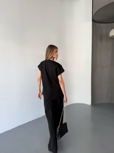 TKM-03676 Siyah Vatkalı Yelek Palazzo Pantolon Poliviskon Kumaş İkili Takım - 5