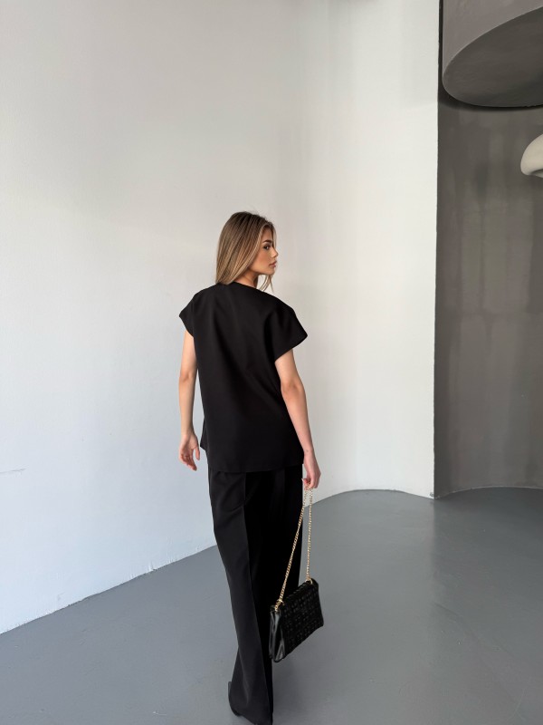 TKM-03676 Siyah Vatkalı Yelek Palazzo Pantolon Poliviskon Kumaş İkili Takım - 5