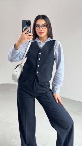 Cappmoda - TKM-03677 Lacivert Papatya Düğmeli Yelek Pileseli Palazzo Pantolon İkili Takım (1)