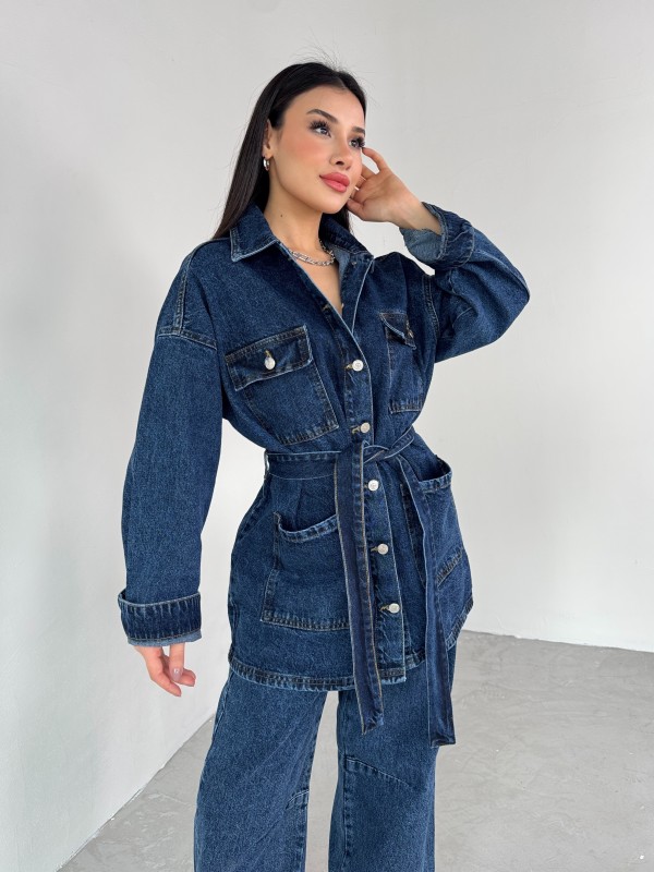 TKM-03679 Koyu Mavi Çift Cepli Kemerli Ceket Salaş Pantolon Kot Kumaş İkili Takım