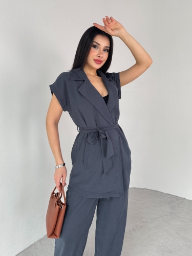 TKM-03680 Füme Kruvaze Yaka Cepli Yelek Bel Lastikli İp Bağlamalı Salaş Pantolon İkili Takım - 5