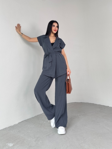 TKM-03680 Füme Kruvaze Yaka Cepli Yelek Bel Lastikli İp Bağlamalı Salaş Pantolon İkili Takım - 6