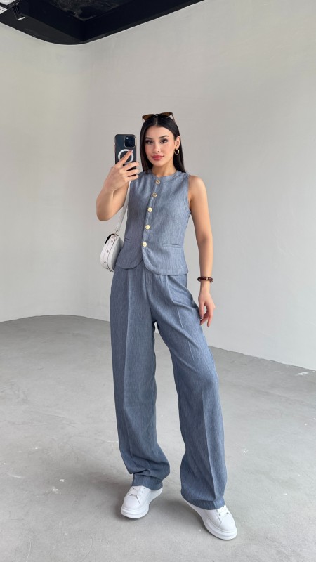 TKM-03682 Mavi Jean Görünümlü Gold Düğmeli Yelek Salaş Pantolon İkili Takım - 6