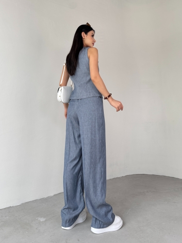 TKM-03682 Mavi Jean Görünümlü Gold Düğmeli Yelek Salaş Pantolon İkili Takım - 9
