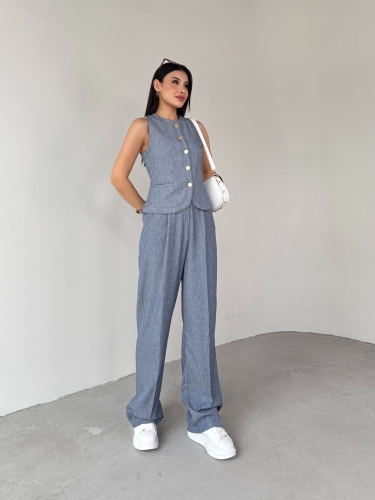 TKM-03682 Mavi Jean Görünümlü Gold Düğmeli Yelek Salaş Pantolon İkili Takım - 7