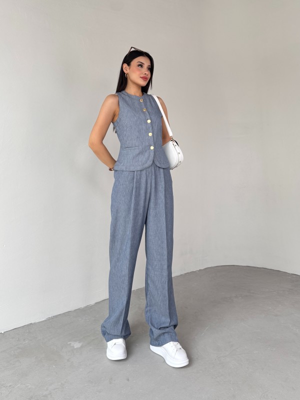 TKM-03682 Mavi Jean Görünümlü Gold Düğmeli Yelek Salaş Pantolon İkili Takım - 7