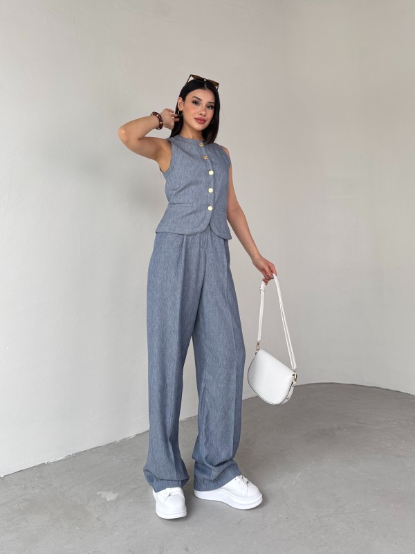 TKM-03682 Mavi Jean Görünümlü Gold Düğmeli Yelek Salaş Pantolon İkili Takım - 1