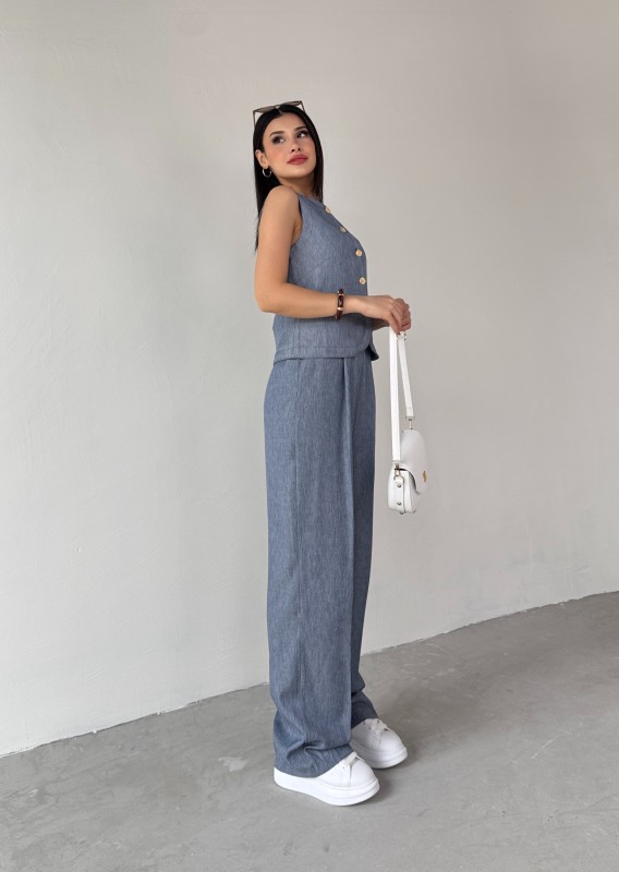 TKM-03682 Mavi Jean Görünümlü Gold Düğmeli Yelek Salaş Pantolon İkili Takım - 5