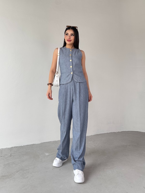 TKM-03682 Mavi Jean Görünümlü Gold Düğmeli Yelek Salaş Pantolon İkili Takım - 8