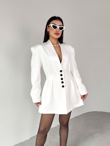 TKM-03683 Beyaz Vatkalı Ön Düğmeli Blazer Ceket Mini Etek İkili Takım - Thumbnail