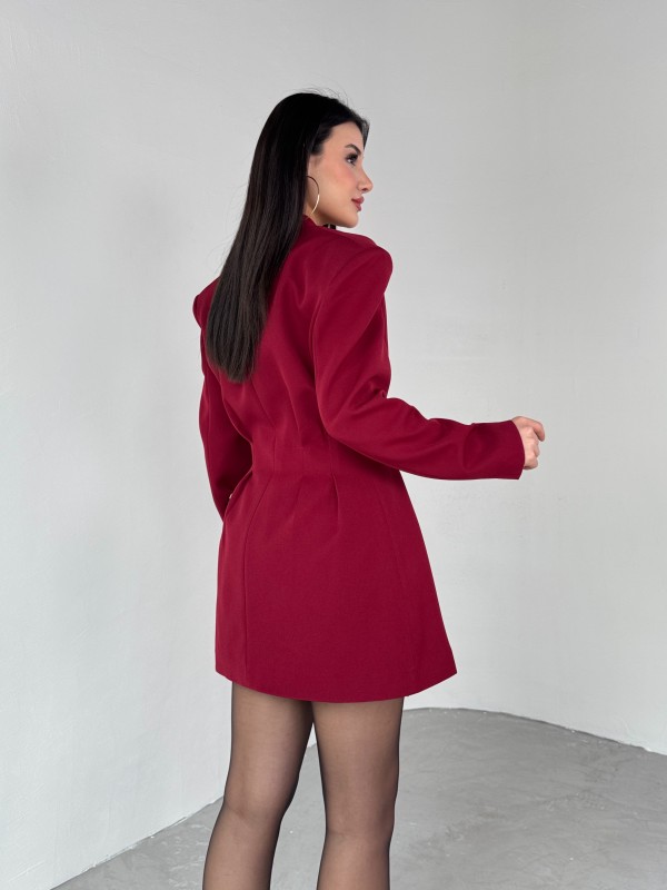 TKM-03683 Bordo Vatkalı Ön Düğmeli Blazer Ceket Mini Etek İkili Takım