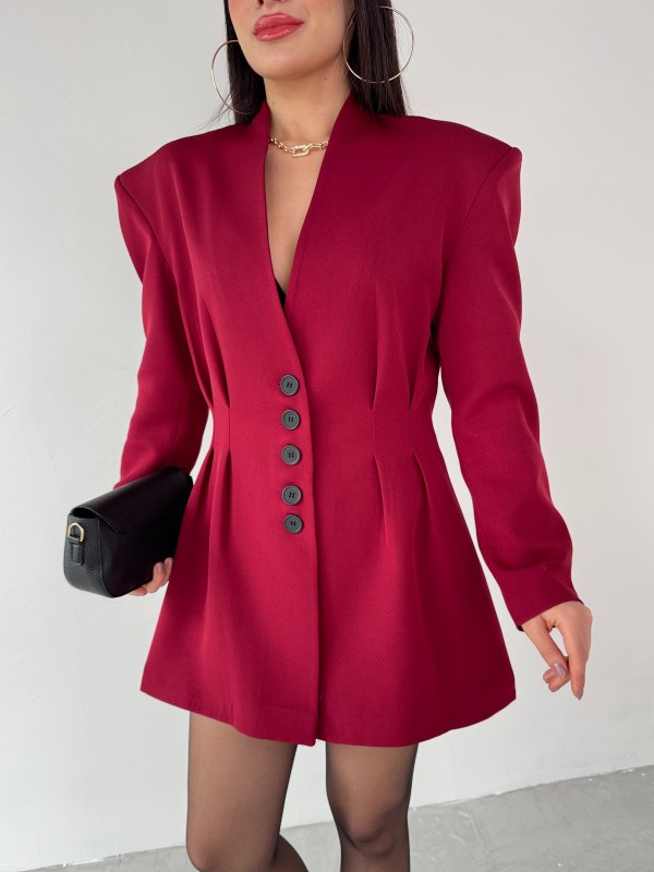 TKM-03683 Bordo Vatkalı Ön Düğmeli Blazer Ceket Mini Etek İkili Takım