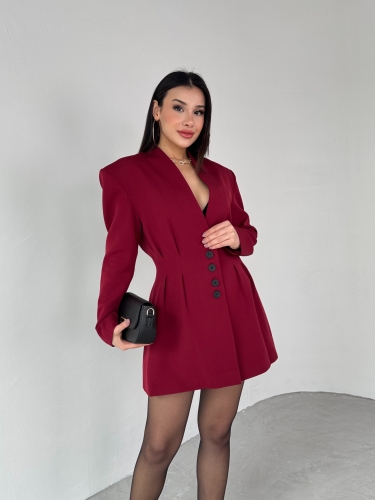 TKM-03683 Bordo Vatkalı Ön Düğmeli Blazer Ceket Mini Etek İkili Takım - Thumbnail