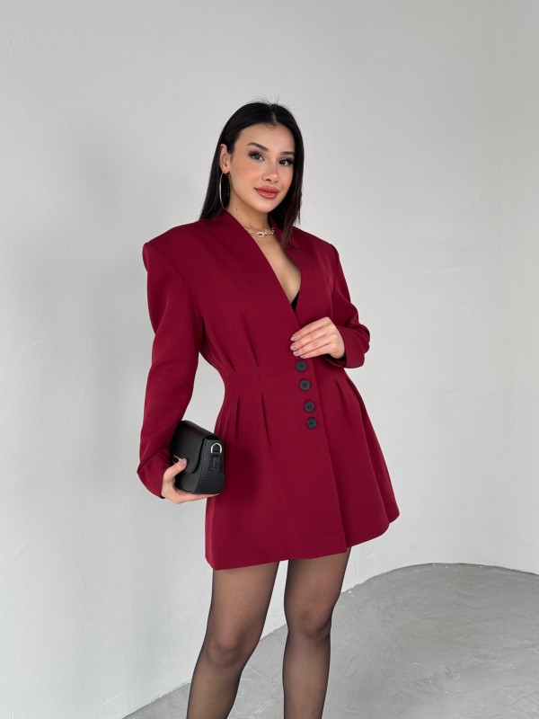 TKM-03683 Bordo Vatkalı Ön Düğmeli Blazer Ceket Mini Etek İkili Takım