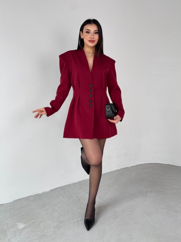 TKM-03683 Bordo Vatkalı Ön Düğmeli Blazer Ceket Mini Etek İkili Takım - Thumbnail