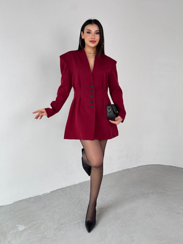 TKM-03683 Bordo Vatkalı Ön Düğmeli Blazer Ceket Mini Etek İkili Takım