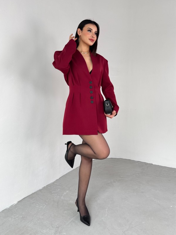 TKM-03683 Bordo Vatkalı Ön Düğmeli Blazer Ceket Mini Etek İkili Takım