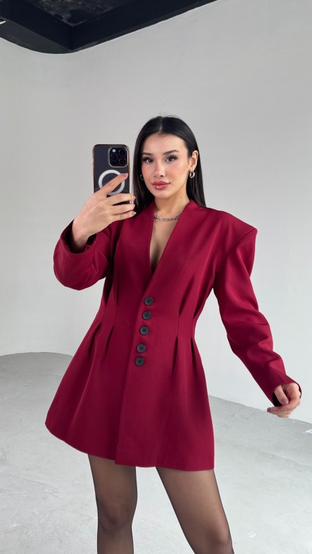 TKM-03683 Bordo Vatkalı Ön Düğmeli Blazer Ceket Mini Etek İkili Takım