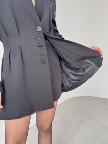 TKM-03683 Siyah Vatkalı Ön Düğmeli Blazer Ceket Mini Etek İkili Takım - Thumbnail