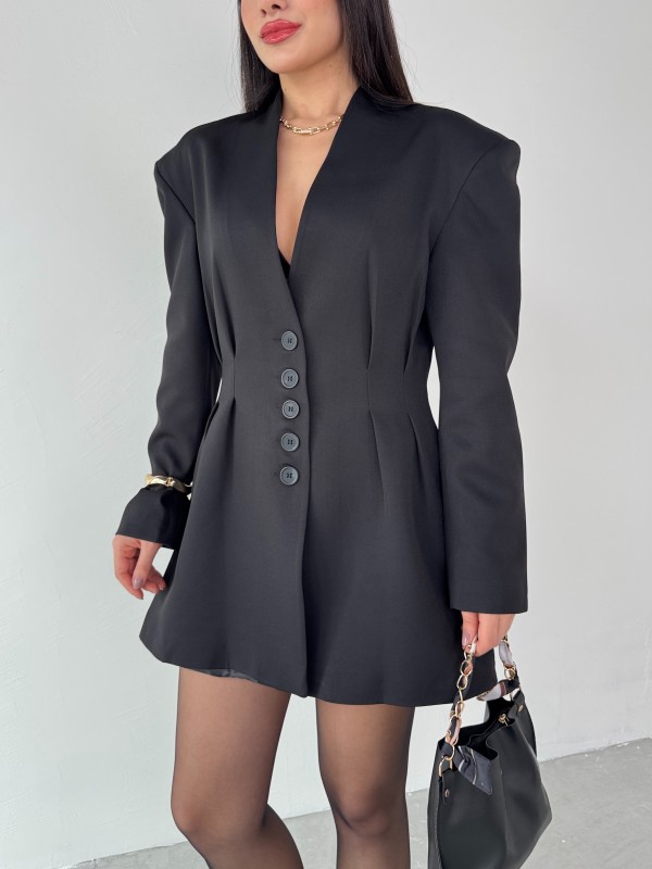 TKM-03683 Siyah Vatkalı Ön Düğmeli Blazer Ceket Mini Etek İkili Takım
