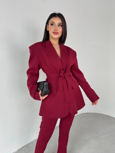 Cappmoda - TKM-03684 Bordo Kruvaze Yaka Bel Bağlamalı Ceket İspanyol Paça Fermuar Detaylı İkili Takım (1)
