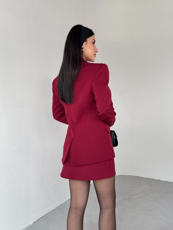 TKM-03685 Bordo İki Düğmeli Kruvaze Yaka Ceket Mini Etek İkili Takım