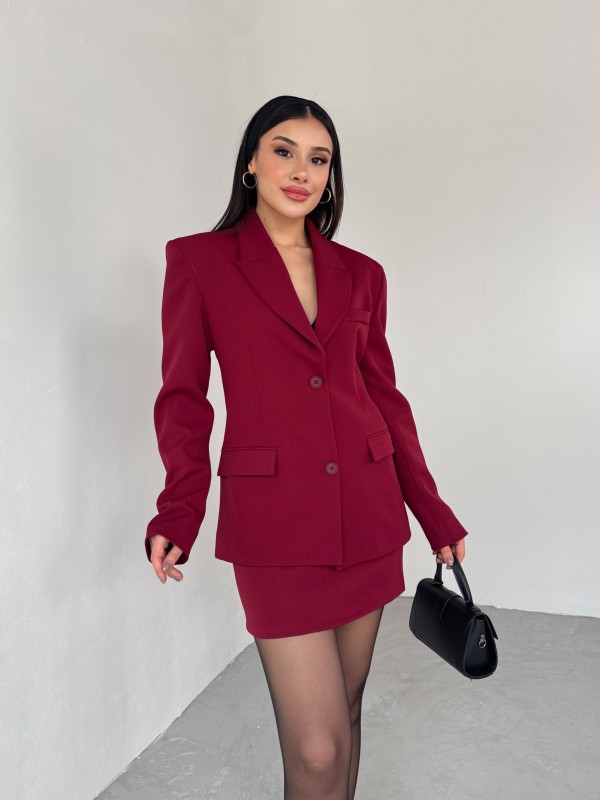 TKM-03685 Bordo İki Düğmeli Kruvaze Yaka Ceket Mini Etek İkili Takım