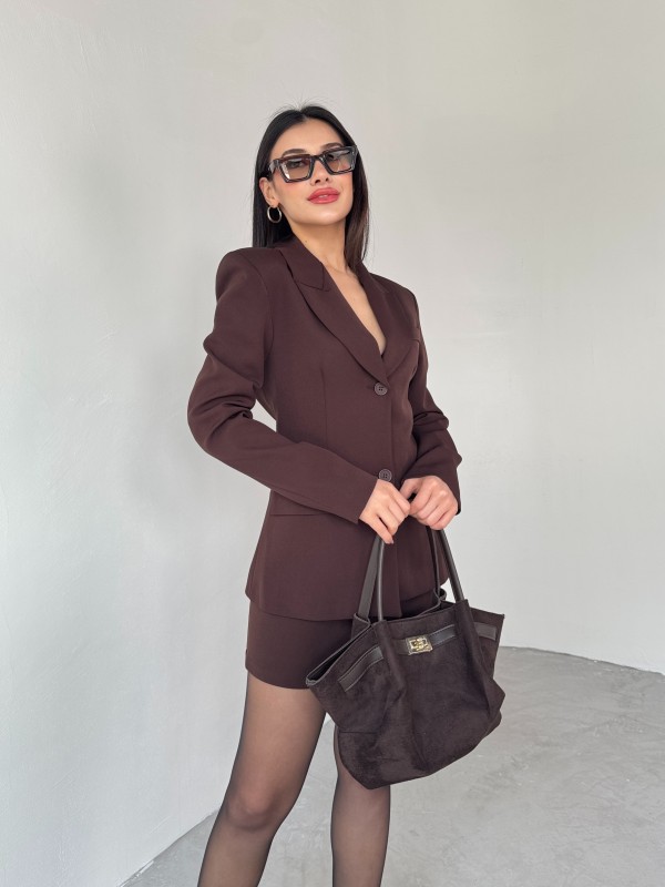 TKM-03685 Kahverengi İki Düğmeli Kruvaze Yaka Ceket Mini Etek İkili Takım