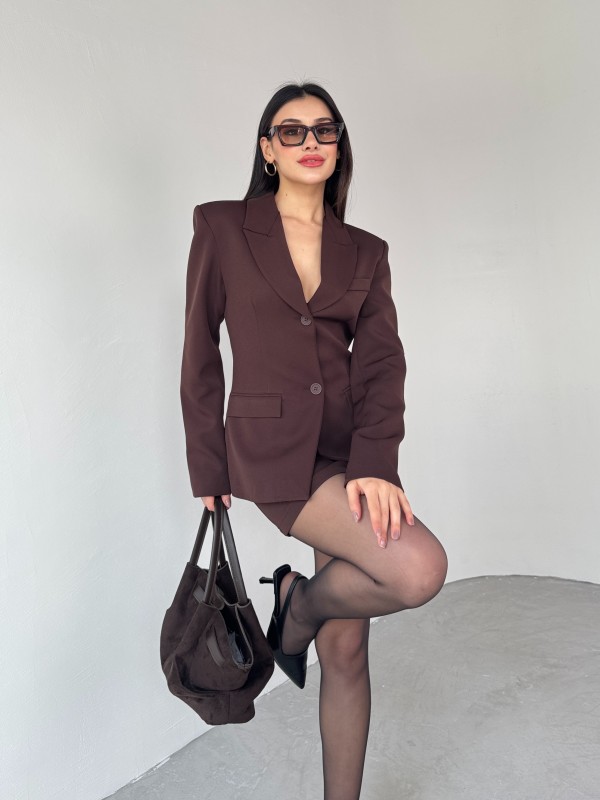 TKM-03685 Kahverengi İki Düğmeli Kruvaze Yaka Ceket Mini Etek İkili Takım