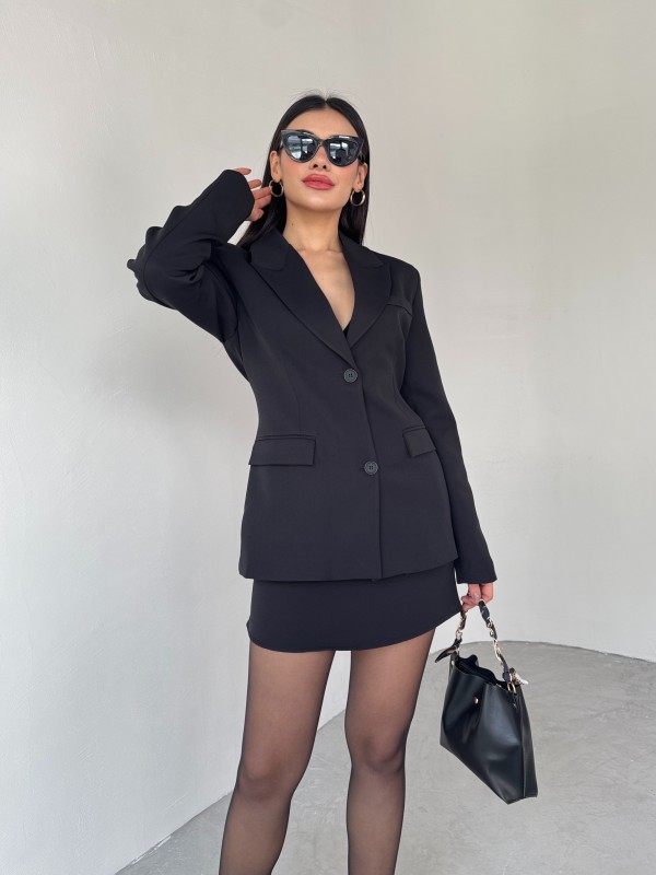 TKM-03685 Siyah İki Düğmeli Kruvaze Yaka Ceket Mini Etek İkili Takım