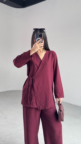TKM-03686 Bordo Çapraz Bağlamalı Salaş Kimono Takım - 2