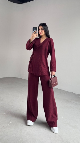 TKM-03686 Bordo Çapraz Bağlamalı Salaş Kimono Takım 